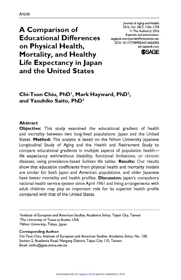 A Comparison of Educational Differences on Physical Health, Mortality and Healthy Life Expectancy in Japan and the United States.